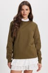 Kadın Oversize Geniş Kesim %100 Pamuk 2 İplik Bisiklet Yaka Haki Sweatshirt 