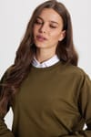 Kadın Oversize Geniş Kesim %100 Pamuk 2 İplik Bisiklet Yaka Haki Sweatshirt 