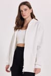 Kadın Oversize Geniş Kesim %100 Pamuk Kapüşonlu Fermuarlı Cepli Ekru Sweatshirt