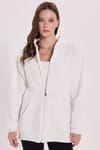 Kadın Oversize Geniş Kesim %100 Pamuk Kapüşonlu Fermuarlı Cepli Ekru Sweatshirt