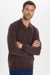 Erkek Regular Fit Klasik Kesim Uzun Kollu Kahverengi Polo Yaka Sweatshirt