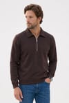 Erkek Regular Fit Klasik Kesim Fermuarlı Selanik Kumaş Kahverengi Polo Yaka Sweatshirt