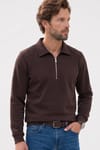 Erkek Regular Fit Klasik Kesim Fermuarlı Selanik Kumaş Kahverengi Polo Yaka Sweatshirt