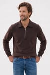 Erkek Regular Fit Klasik Kesim Fermuarlı Selanik Kumaş Kahverengi Polo Yaka Sweatshirt