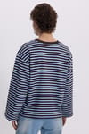 Kadın Oversize Geniş Kesim %100 Pamuk 3 İplik Çizgili Geniş Kol Mavi Bisiklet Yaka Sweatshirt