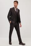 Erkek Slim Fit Kahverengi Esnek Likralı Kumaş Sivri Yaka Yelekli Takım Elbise