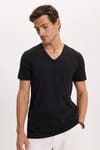 Erkek Slim Fit Dar Kesim Pamuklu Yumuşak Dokulu Likralı Esnek Kumaş Düz Basic Siyah V Yaka Tişört