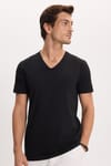 Erkek Slim Fit Dar Kesim Pamuklu Yumuşak Dokulu Likralı Esnek Kumaş Düz Basic Siyah V Yaka Tişört
