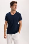 Erkek Slim Fit Dar Kesim Pamuklu Yumuşak Dokulu Likralı Esnek Kumaş Düz Basic Lacivert V Yaka Tişört
