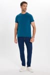 Erkek Slim Fit Dar Kesim Pamuklu Yumuşak Doku Esnek Kumaş Basic Petrol Mavisi Bisiklet Yaka Tişört
