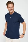 Erkek Slim Fit Dar Kesim %100 Pamuk Düz Pike Lacivert Polo Yaka Tişört