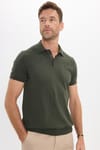 Erkek Slim Fit Dar Kesim Pamuklu Örme Triko Haki Polo Yaka Tişört
