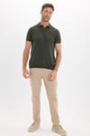 Erkek Slim Fit Dar Kesim Pamuklu Örme Triko Haki Polo Yaka Tişört