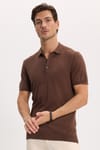 Erkek Slim Fit Dar Kesim Pamuklu Örme Triko Kahverengi Polo Yaka Tişört