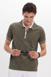 Erkek Slim Fit Dar Kesim %100 Pamuk Düz Pike Fermuarlı Haki Polo Yaka Tişört