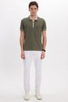 Erkek Slim Fit Dar Kesim %100 Pamuk Düz Pike Fermuarlı Haki Polo Yaka Tişört