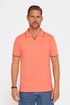 Erkek Slim Fit Dar Kesim %100 Pamuk Düz Pike Düğmesiz Somon Polo Yaka Tişört