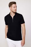 Erkek Slim Fit Dar Kesim %100 Pamuk Düz Pike Fermuarlı Siyah Polo Yaka Tişört