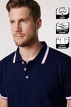 Erkek Slim Fit Dar Kesim %100 Pamuk Düz Pike Kol Şeritli Lacivert Polo Yaka Tişört