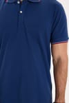 Erkek Slim Fit Dar Kesim %100 Pamuk Düz Pike Kol Şeritli Lacivert Polo Yaka Tişört