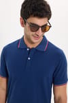 Erkek Slim Fit Dar Kesim %100 Pamuk Düz Pike Kol Şeritli Lacivert Polo Yaka Tişört