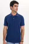 Erkek Slim Fit Dar Kesim %100 Pamuk Düz Pike Kol Şeritli Lacivert Polo Yaka Tişört