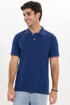 Erkek Slim Fit Dar Kesim %100 Pamuk Düz Pike Kol Şeritli Lacivert Polo Yaka Tişört