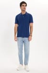 Erkek Slim Fit Dar Kesim %100 Pamuk Düz Pike Kol Şeritli Lacivert Polo Yaka Tişört