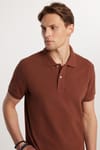 Erkek Slim Fit Dar Kesim %100 Pamuk Düz Pike Kahverengi Polo Yaka Tişört