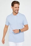 Erkek Slim Fit Dar Kesim %100 Pamuk Düz Pike Mavi Polo Yaka Tişört