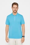 Erkek Slim Fit Dar Kesim %100 Pamuk Düz Pike Mavi Polo Yaka Tişört