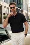 Erkek Slim Fit Dar Kesim Pamuklu Yumuşak Doku Nefes Alan Kumaş Kıvrılmaz Yaka Siyah Polo Yaka Tişört
