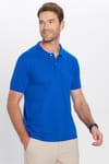 Erkek Slim Fit Dar Kesim Pamuklu Yumuşak Dokulu Serin Tutan Kumaş Düz Saks Mavi Polo Yaka Tişört