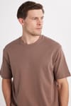 Unisex Relax Fit Rahat Kesim %100 Pamuk Yumuşak Dokulu Hafif Kalın Kahverengi Bisiklet Yaka Tişört