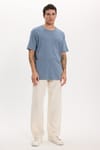 Unisex Relax Fit Rahat Kesim %100 Pamuk Yumuşak Dokulu Hafif Kalın Basic Bisiklet Yaka Mavi Tişört
