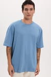 Unisex Oversize Geniş Kesim %100 Pamuk Yumuşak Dokulu Basic Bisiklet Yaka İndigo Tişört