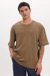 Unisex Oversize Geniş Kesim %100 Pamuk Yumuşak Dokulu Basic Bisiklet Yaka Kahverengi Tişört