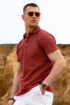 Erkek Slim Fit Dar Kesim %100 Pamuk Armürlü Kiremit Renk Polo Yaka Tişört
