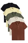 Erkek 5'li Paket Siyah-Gri-Beyaz-Haki-Bordo Slim Fit Dar Kesim Pamuklu Düz Pike Polo Yaka Tişört