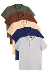 Erkek 5'li Paket Kahverengi-Haki-Krem-Lacivert-Bordo-Gri Slim Fit Dar Kesim Pamuklu Düz Pike Polo Yaka Tişört
