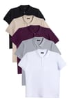 Erkek 5'li Paket Siyah-Taş-Gri-Mor-Beyaz Slim Fit Dar Kesim Pamuklu Düz Pike Polo Yaka Tişört