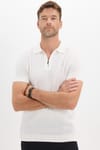 Erkek Slim Fit Dar Kesim %100 Pamuk Örme Triko Fermuarlı Beyaz Polo Yaka Tişört