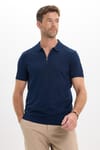 Erkek Slim Fit Dar Kesim %100 Pamuk Örme Triko Fermuarlı Lacivert Polo Yaka Tişört