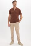 Erkek Slim Fit Dar Kesim %100 Pamuk Örme Triko Fermuarlı Kahverengi Polo Yaka Tişört