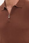 Erkek Slim Fit Dar Kesim %100 Pamuk Örme Triko Fermuarlı Kahverengi Polo Yaka Tişört