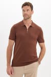 Erkek Slim Fit Dar Kesim %100 Pamuk Örme Triko Fermuarlı Kahverengi Polo Yaka Tişört