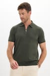 Erkek Slim Fit Dar Kesim %100 Pamuk Örme Triko Fermuarlı Haki Polo Yaka Tişört