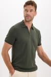 Erkek Slim Fit Dar Kesim %100 Pamuk Örme Triko Fermuarlı Haki Polo Yaka Tişört