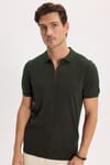 SLIM FIT KNITTED T-SHIRT POLO NECK HALF ZIPPER  TİŞÖRT