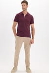 Erkek Slim Fit Dar Kesim %100 Pamuk Örme Triko Fermuarlı Bordo Polo Yaka Tişört